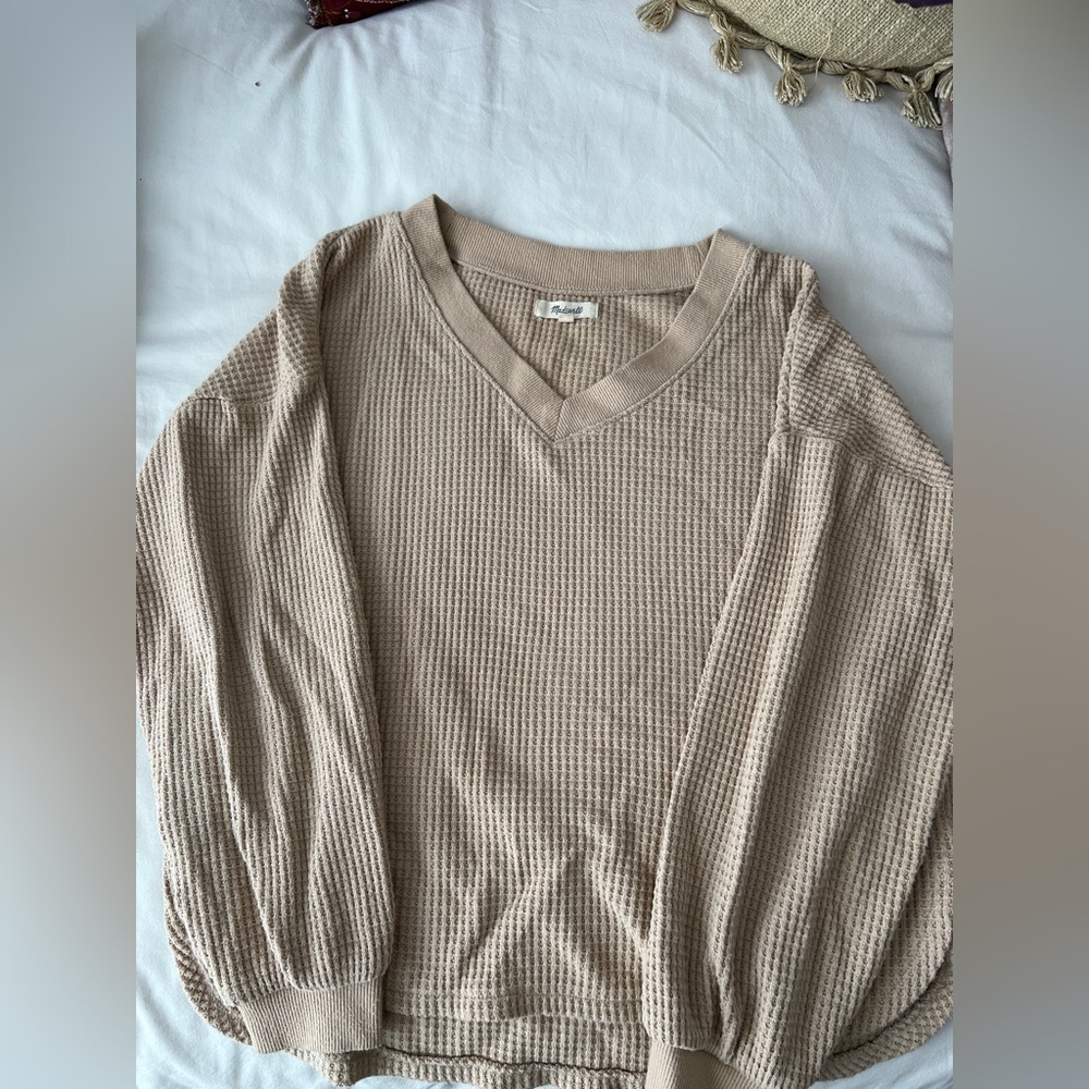 Madewell Beige Waffle Knit V-Neck Sweater